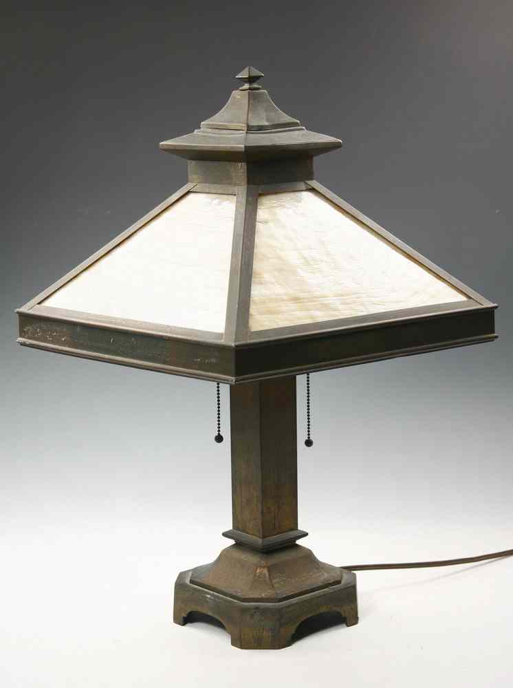 Appraisal: ARTS CRAFTS TABLE LAMP - Square Shade Caramel Slag Panel