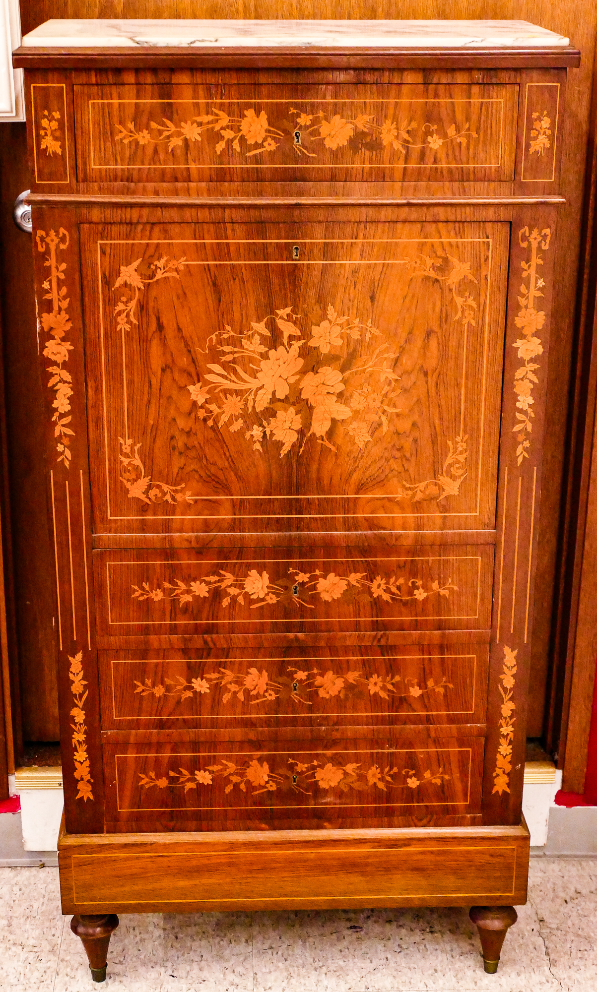 Appraisal: Antique Marquetry Inlaid Marble Top French Secretaire de Abattant Cabinet-