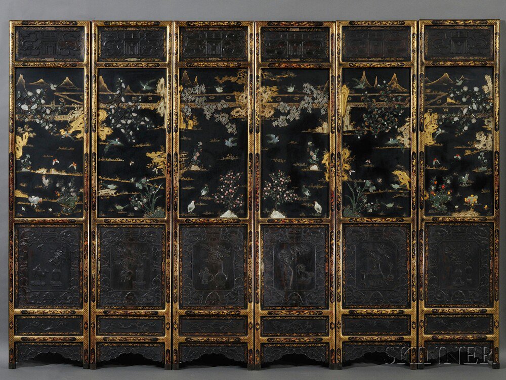 Appraisal: Six-panel Wood and Black Lacquer Inlaid Folding Screen China c