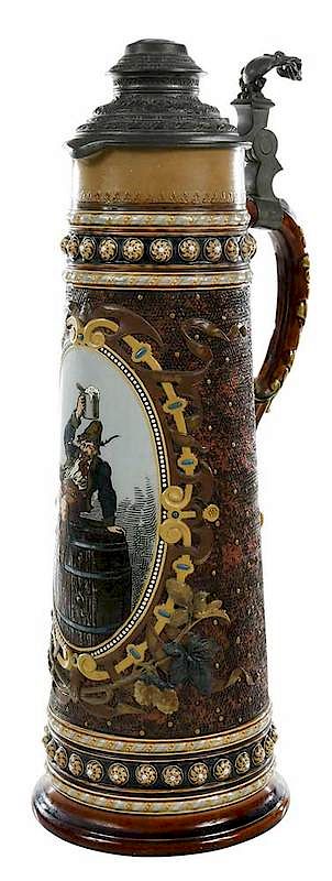 Appraisal: Mettlach in Tall Stein German early th century molded and