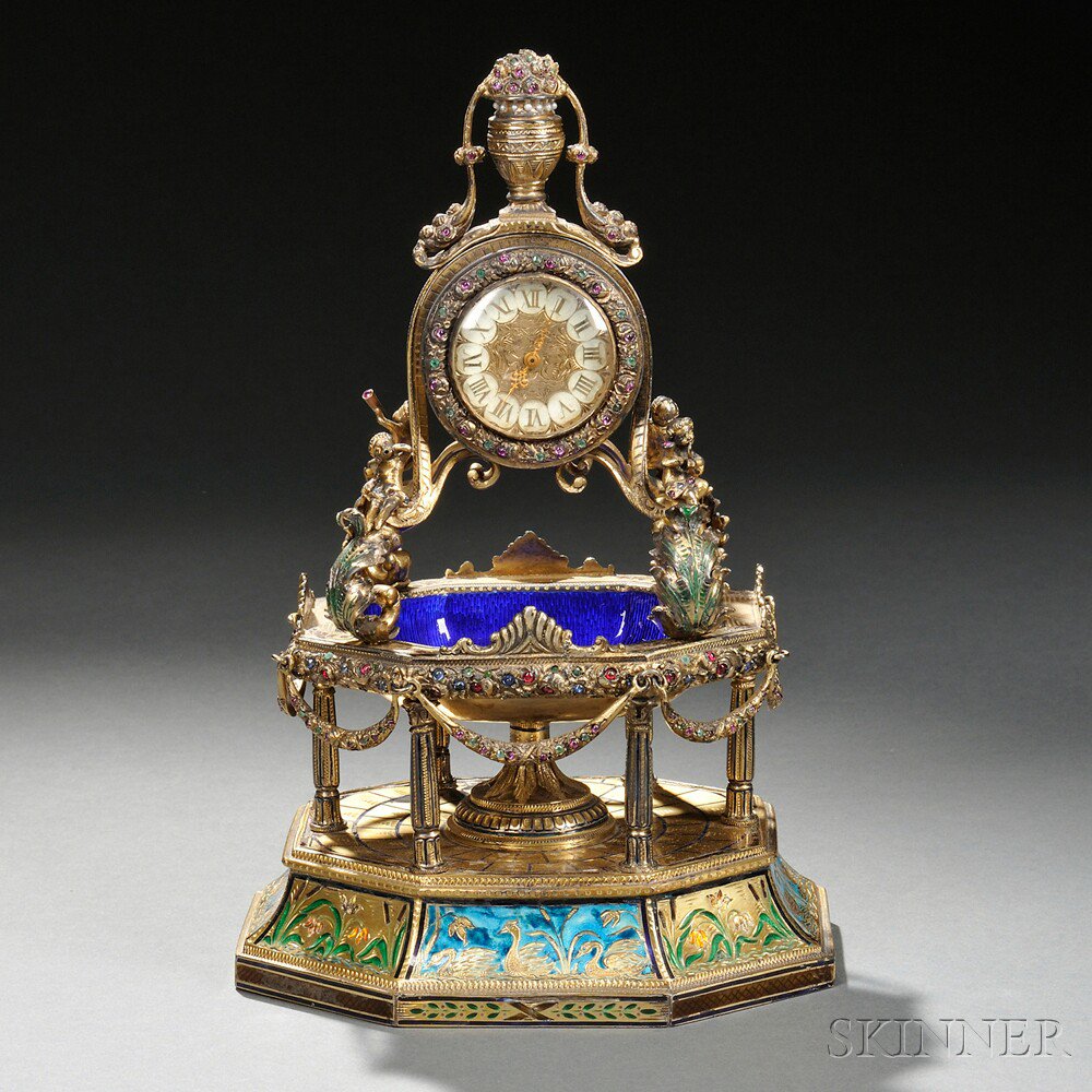 Appraisal: Continental Silver Gilt-metal Enamel and Jeweled Fountain-form Clock th th