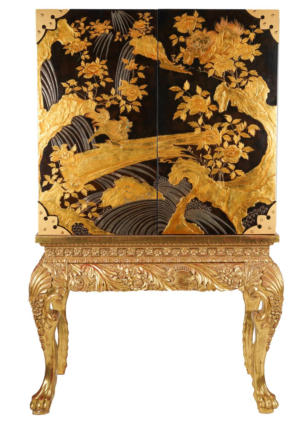 Appraisal: GEORGIAN-STYLE CHINOISERIE CABINET ON STANDlate th century the cabinet with