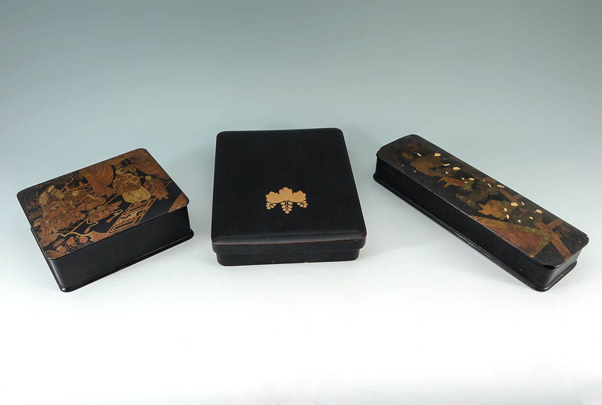 Appraisal: CHINOISERIE OTHER BLACK LACQUER BOXES pieces total boxes with chinoiserie