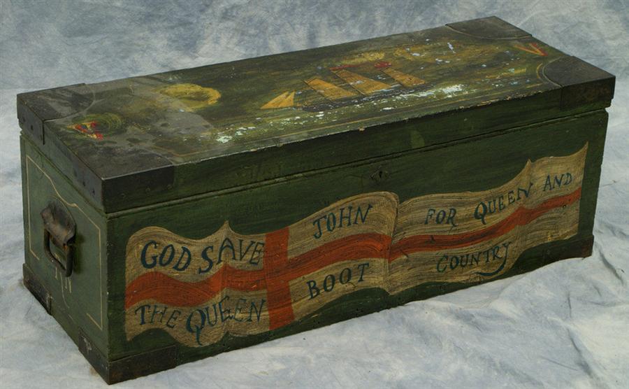 Appraisal: Pine sea chest with painted schooner decoration on top on