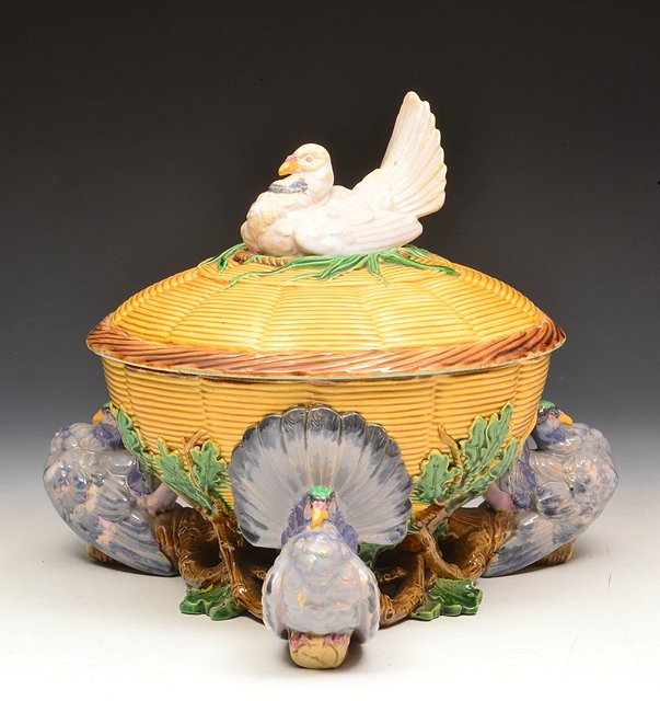 Appraisal: Minton majolicaPigeon pie tureen and coverbasket weave moulded supported on