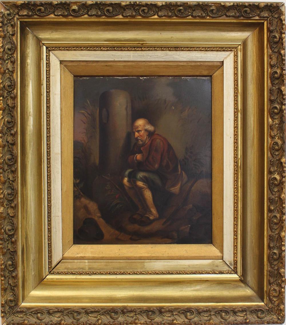 Appraisal: OIL ON TIN PORTRAIT OF A PENSIVE GENTLEMAN ALONG A