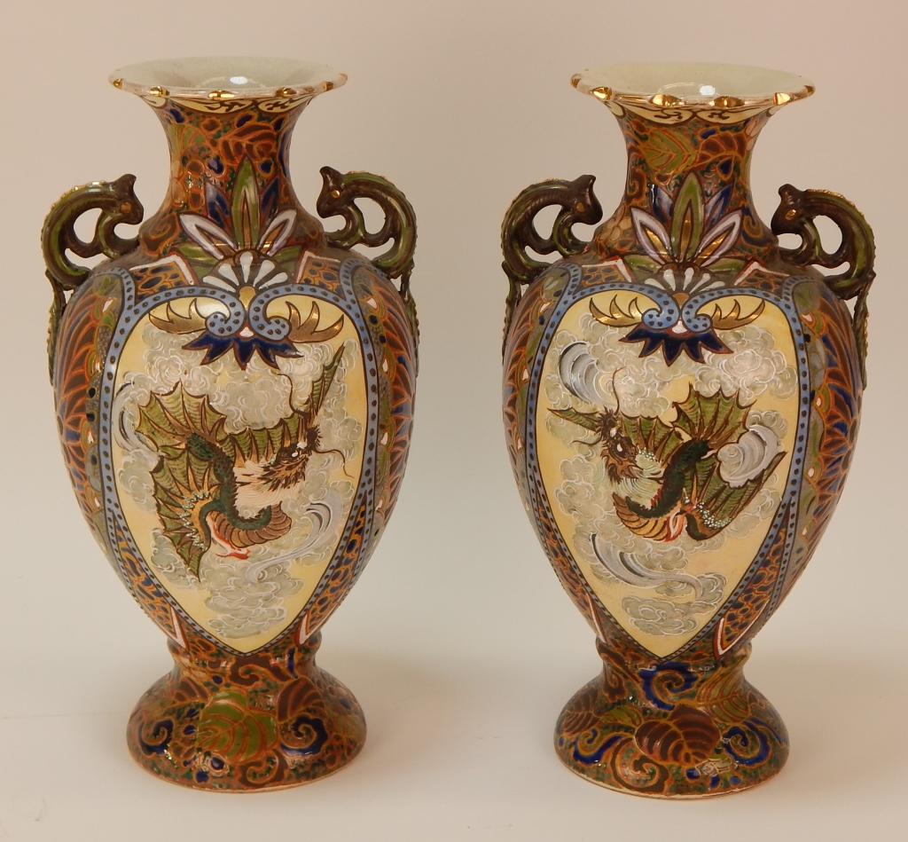 Appraisal: FINE PR JAPANESE SATSUMA ART DECO DRAGON VASES Japan Circa