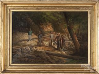 Appraisal: American oil on canvas of figures working in a wooded