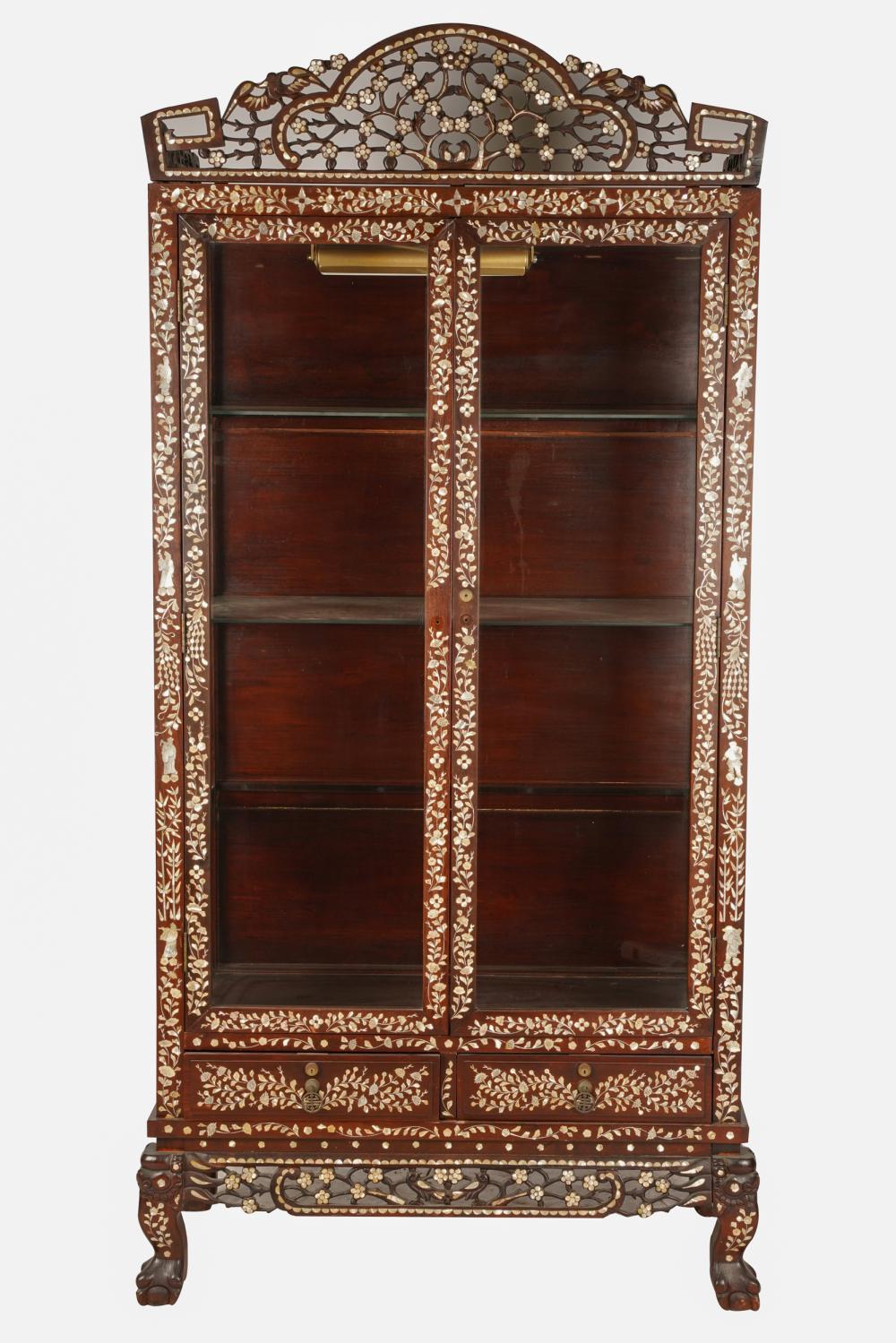 Appraisal: CHINESE MOTHER OF PEARL-INLAID DISPLAY CABINETwith a pair of glazed