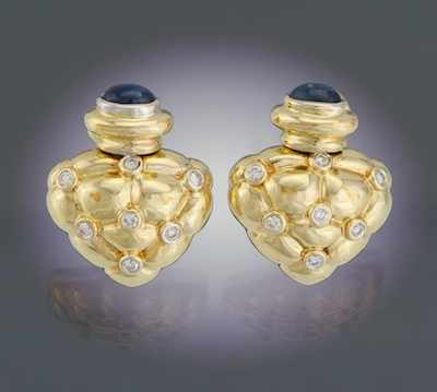 Appraisal: A Pair of Diamond and Sapphire Heart Earrings k yellow