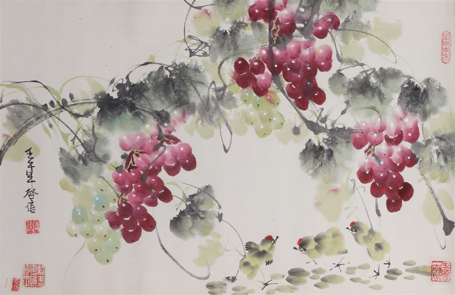 Appraisal: Chinese ink and color painting of grapes and chicks with