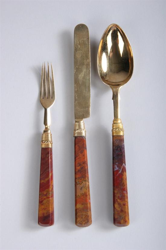 Appraisal: VICTORIAN AGATE-HANDLED SILVER-GILT PLACE SETTING by George Unite Birmingham Fork