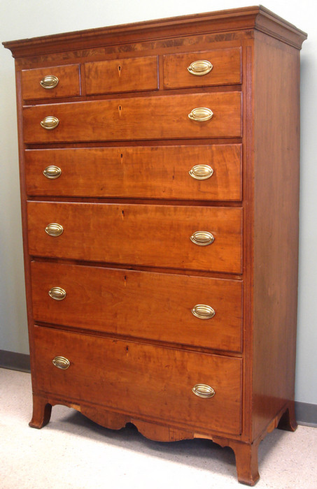 Appraisal: Inlaid cherry Hepplewhite tall chest over drawers reeded stiles French