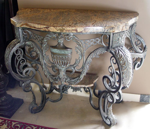 Appraisal: DECORATIVE MARBLE TOP IRON CONSOLE DEMI TABLE Patinated iron base