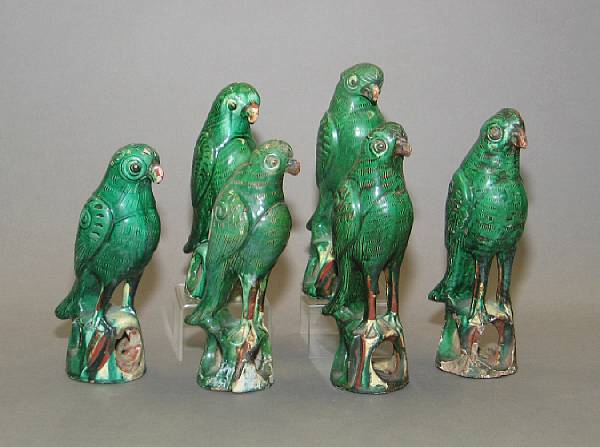 Appraisal: A group of six leaf green and iron glazed pottery