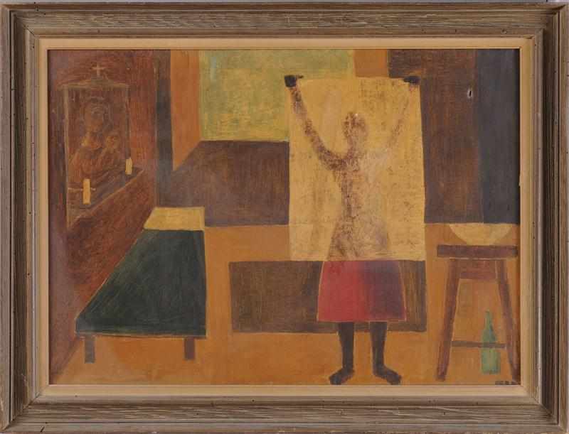 Appraisal: TH C SCHOOL FIGURE IN INTERIOR Oil on canvas signed