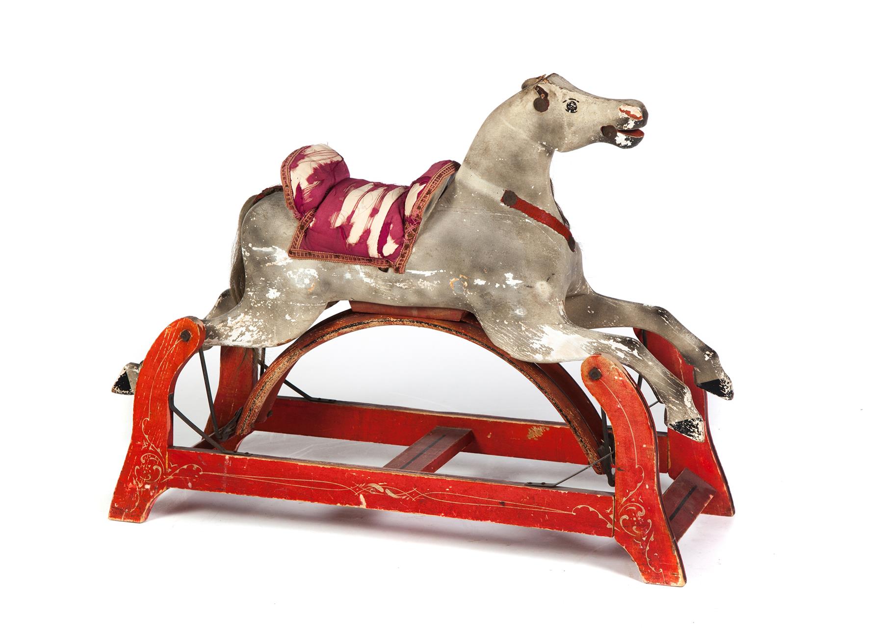 Appraisal: ROCKING HORSE ON FRAME American ca Red painted stand with