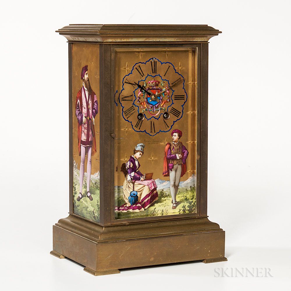 Appraisal: French Hand-painted Porcelain Panel Mantel Clock French Hand-painted Porcelain Panel