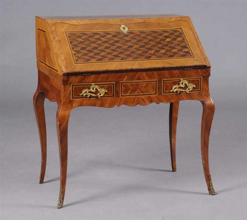 Appraisal: LOUIS XV GILT-BRONZE-MOUNTED KINGWOOD AND TULIPWOOD PARQUETRY BUREAU EN PEINTE