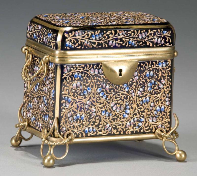 Appraisal: Moser Enameled Box with Brass Footed Base Description Circa Condition