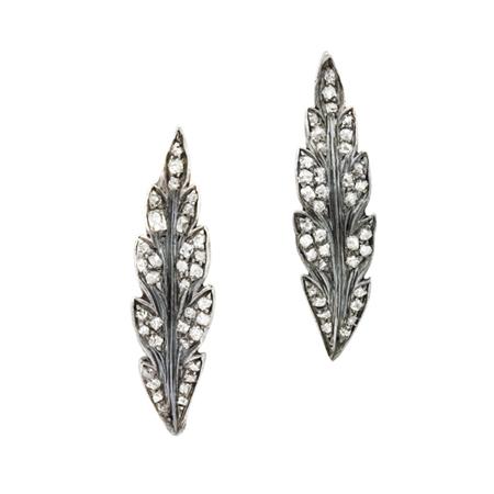 Appraisal: Pair of Antique Silver Gold and Diamond Leaf Earclips Tiffany