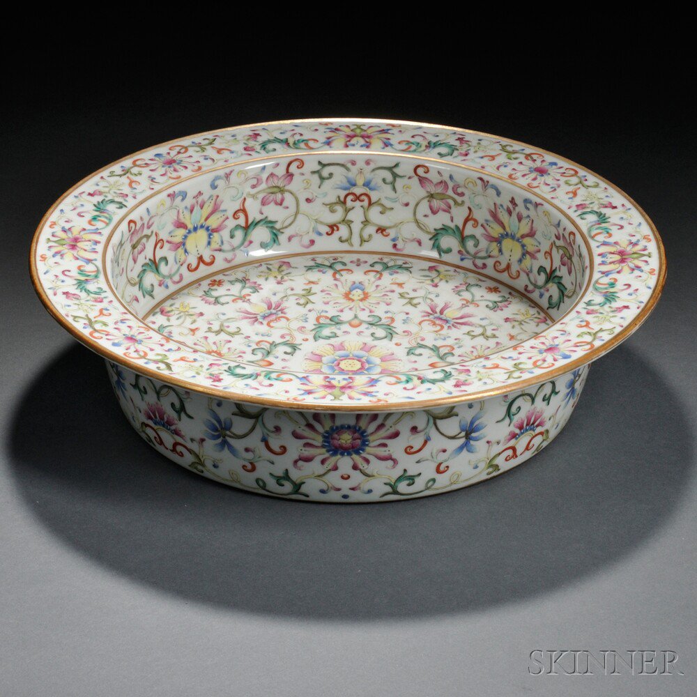 Appraisal: Famille Rose Basin China with everted rim and lotus decoration