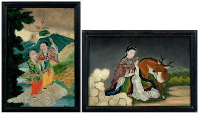 Appraisal: Two Chinese reverse paintings on glass elegant lady holding flower