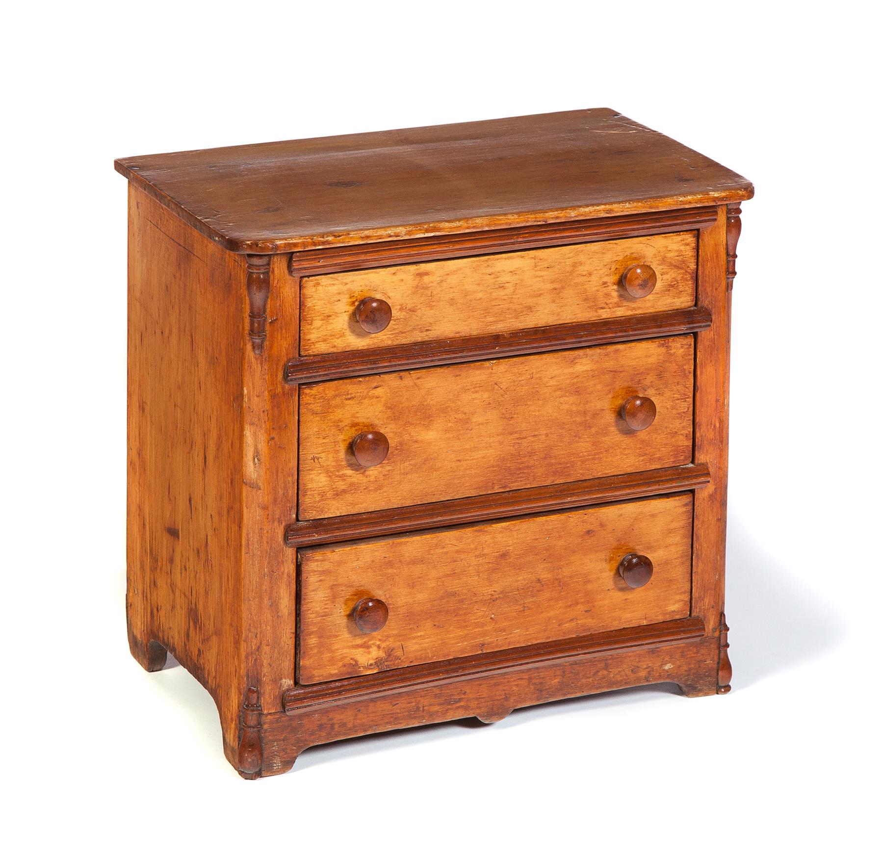 Appraisal: CHILD-SIZE THREE-DRAWER CHEST American nd half- th century pine Solid