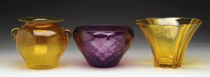 Appraisal: THREE COLORED CRYSTAL BOWLS Amethyst d q optic bowl SIZE