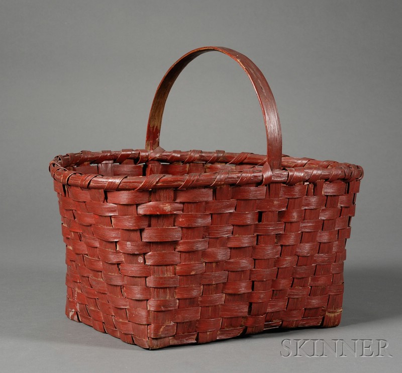 Appraisal: Red-painted Woven Splint Basket America late th century oval over