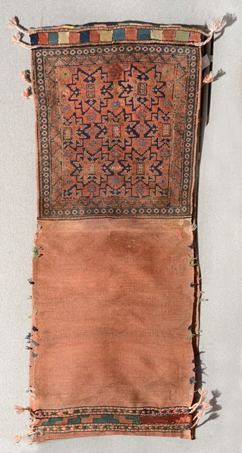 Appraisal: AN ANTIQUE CAUCASIAN SOUMAK DOUBLE SADDLE BAG with flat weave