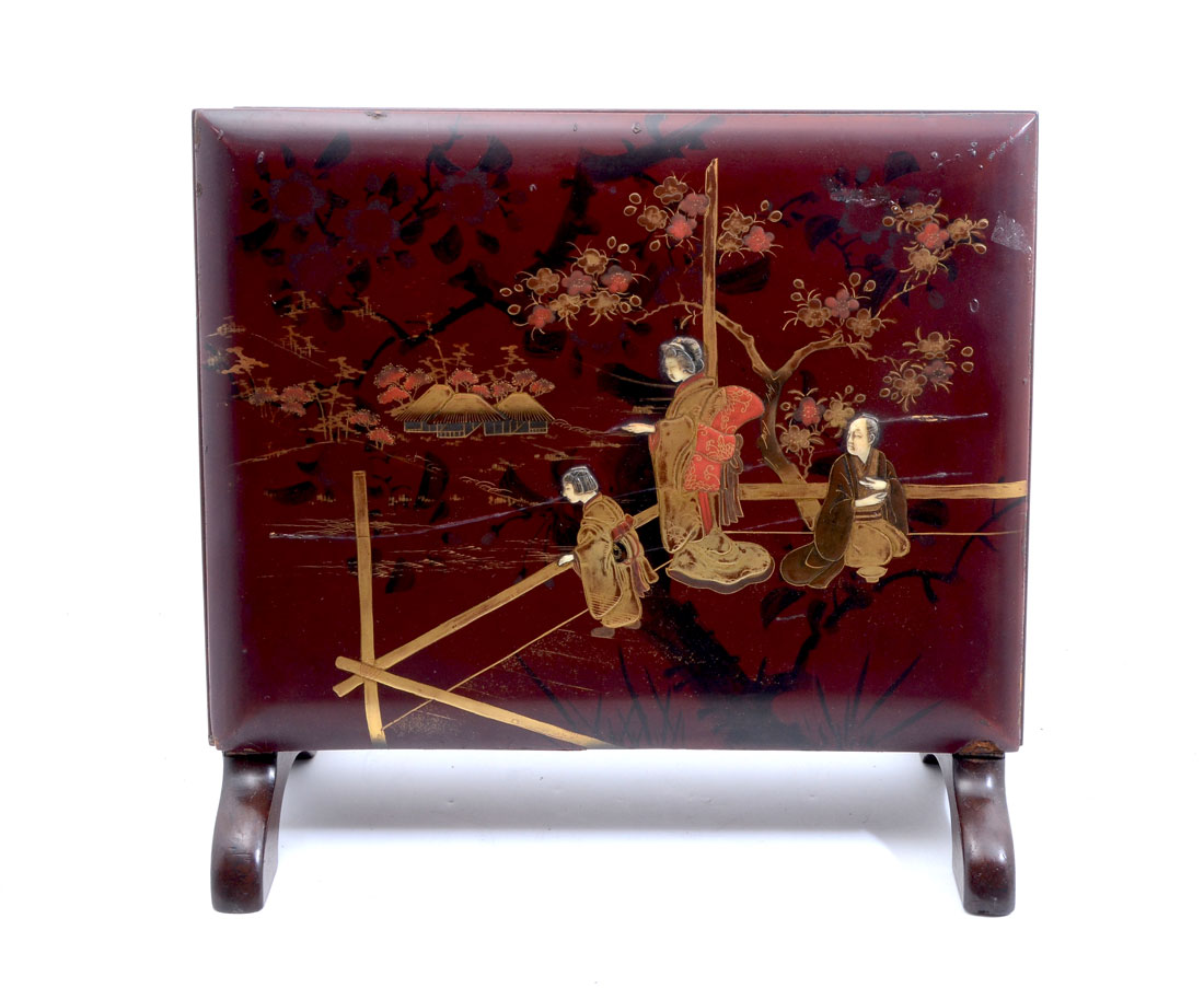 Appraisal: JAPANESE SHIBIYAMA LACQUER BOX Red lacquer with raised polychrome outdoor