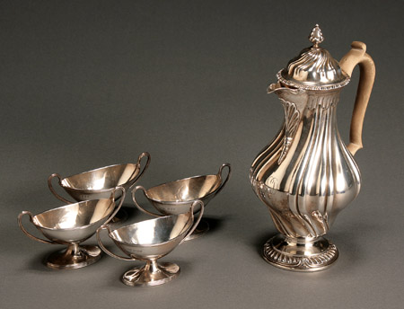 Appraisal: George V Silver Coffeepot and Set of Four Salt Cellars