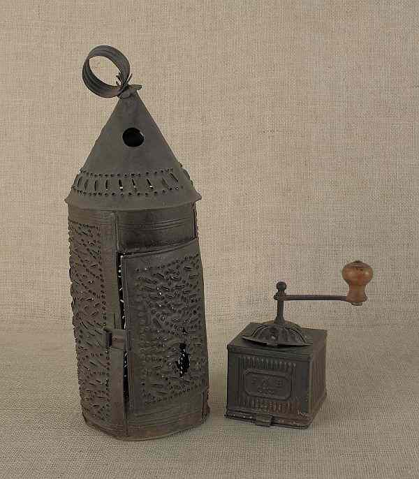 Appraisal: Punch tin lantern th c h together with an iron