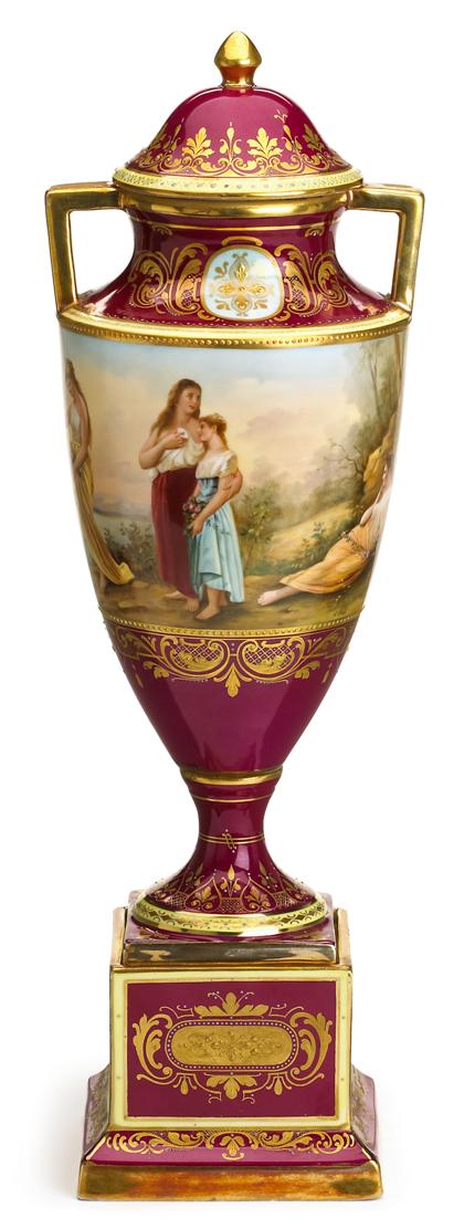 Appraisal: Royal Vienna porcelain ruby ground porcelain urn early th century