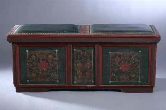 Appraisal: RED AND GREEN PAINT-DECORATED PINE BLANKET CHEST th century Hinged