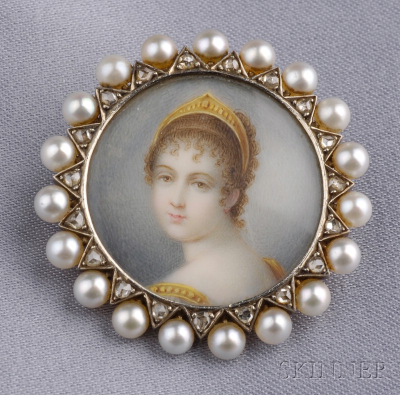 Appraisal: Antique Seed Pearl and Diamond Portrait Brooch Jaques Marcus with