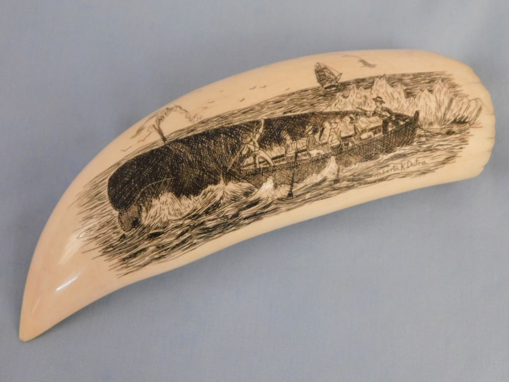 Appraisal: DUTRA SCRIMSHAW WHALE TOOTH Large whale tooth with scrimshaw of