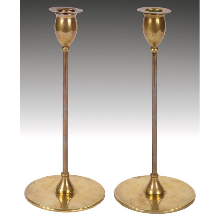 Appraisal: Jarvie candlesticks pair Alpha form in brass signed one replaced