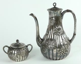 Appraisal: Japanese silver coffee pot and covered sugar bowl each of