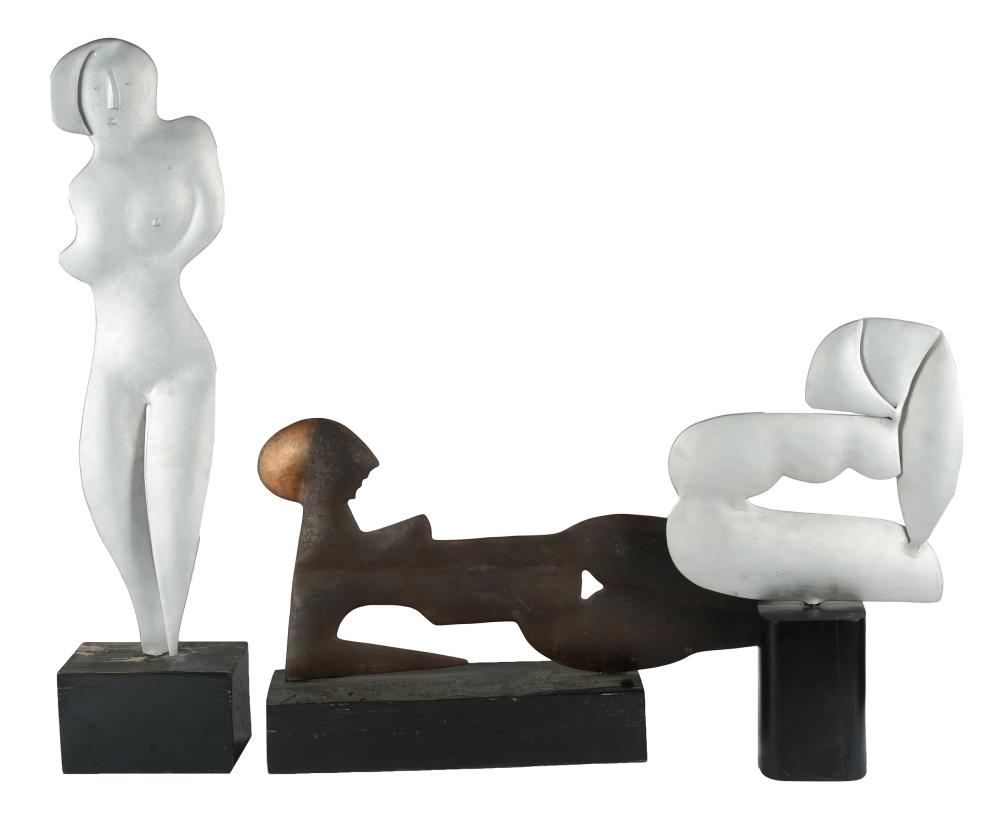 Appraisal: THREE ABSTRACT METAL FIGURAL SCULPTUREStwo aluminum and one bronze each