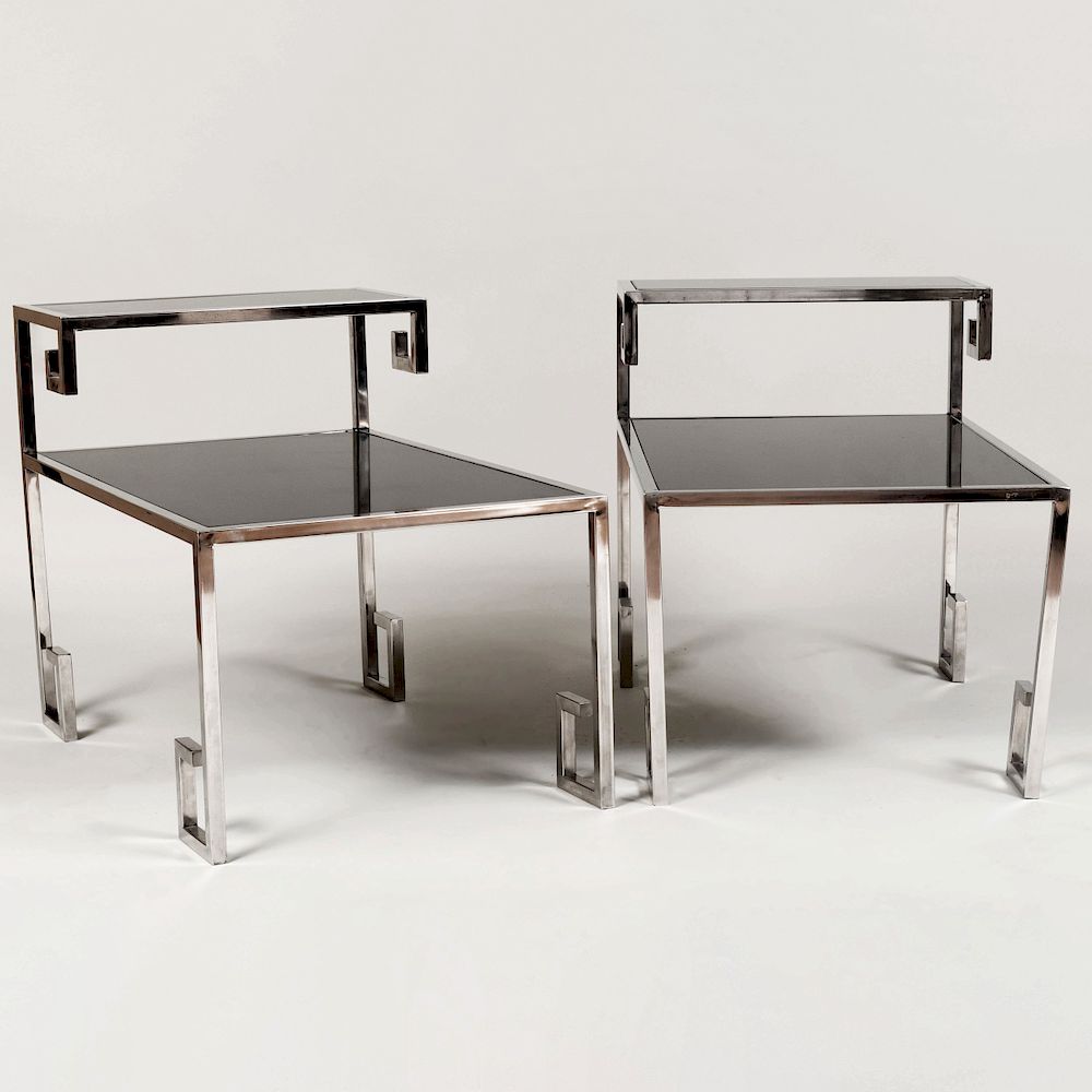 Appraisal: Pair of Greek Key Chrome and Polished Stone Side Tables