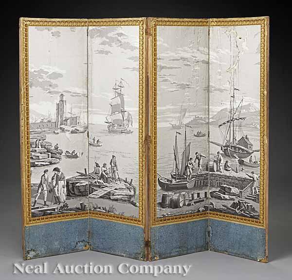 Appraisal: An Antique Continental Wallpaper Screen four panels depicting a grisaille