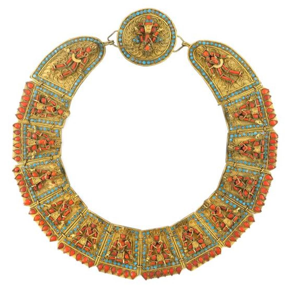 Appraisal: ASIAN Tibetan brass coral and turquoise glass enamel necklace probably