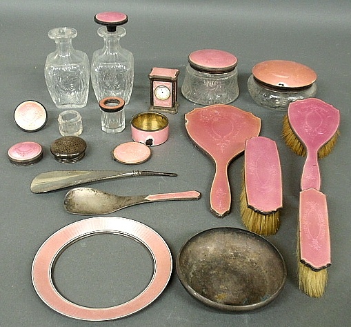 Appraisal: - Sterling silver and enameled dresser set and accessories c