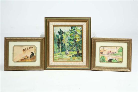 Appraisal: THREE FRAMED PAINTINGS Oil landscape titled In the Park by