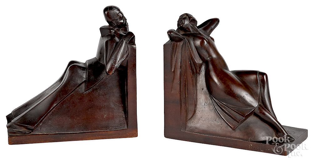 Appraisal: Pair of French Art Deco carved mahogany bookends Exclusive on