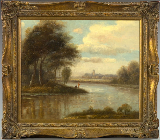 Appraisal: British School th Century River Landscape with Figures Fishing oil