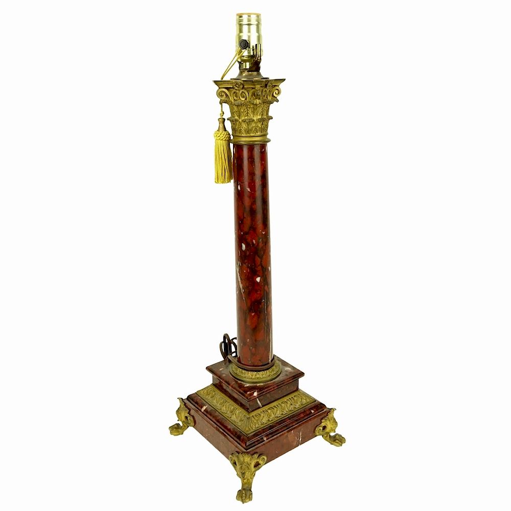 Appraisal: Antique Empire Style Rouge Marble Column Lamp Antique Empire Style