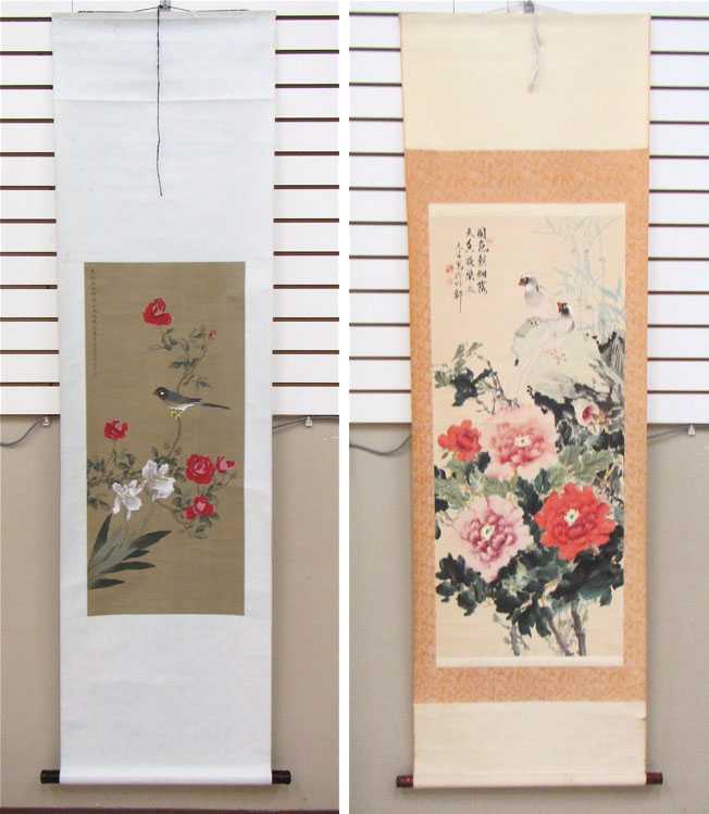 Appraisal: TWO CHINESE SCROLLS with flowers and birds signed in calligraphy